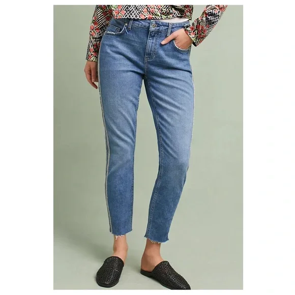 Anthropologie Shimmer Metallic Silver Racer Side Stripe Fringe Hem Cropped Jeans - Picture 1 of 15